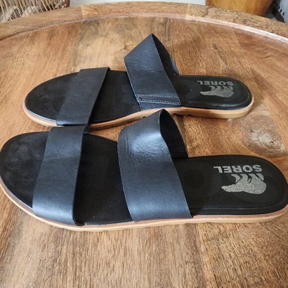 Sorel Ella II Flat Leather Slip-On Black Slide Sandals Womens Size 11 - Picture 4 of 11